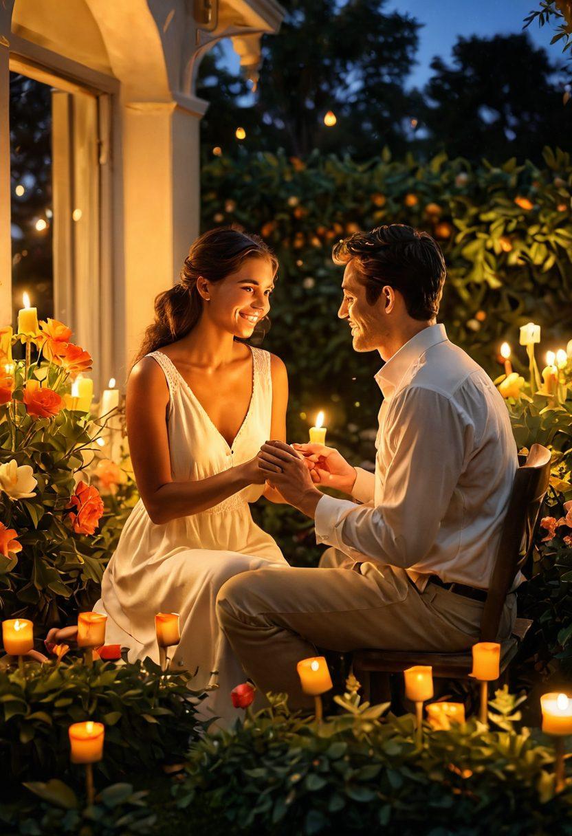 A romantic scene depicting a couple engaging in heartfelt conversation, surrounded by soft candlelight, with intimate gestures and smiles. In the background, a lush garden filled with blooming flowers symbolizes growth and passion, while warm golden hues create an inviting atmosphere. The focus is on emotional connection and romance. super-realistic. vibrant colors. soft lighting.
