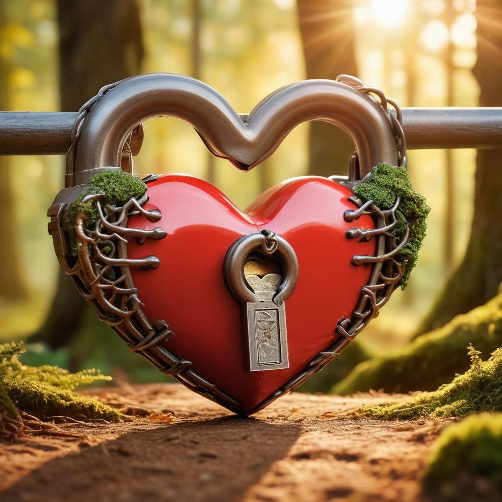 A heart-shaped lock being gently unlocked by a key made of intertwined hands, symbolizing love and connection. In the background, soft, warm light filters through a forest of intertwined trees, representing growth and nurturing relationships. The scene radiates a sense of warmth and intimacy. super-realistic. vibrant colors. soft background.
