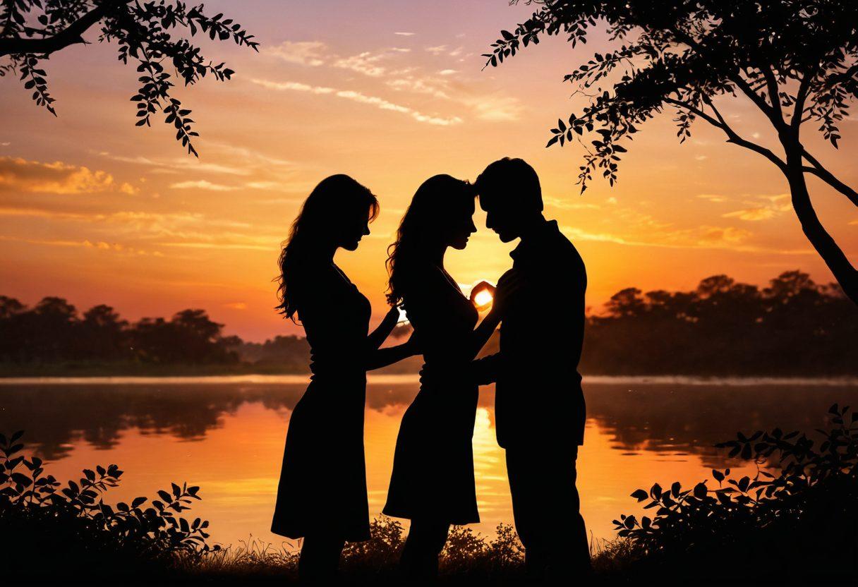 A romantic scene featuring two hands gently intertwined, symbolizing trust and compatibility. In the background, a soft sunset casts warm hues over a serene landscape, with silhouettes of couples sharing tender moments. Subtle heart shapes made from leaves and petals float around them, enhancing the theme of lasting romance. The overall atmosphere should feel warm and inviting. super-realistic. vibrant colors. soft focus.